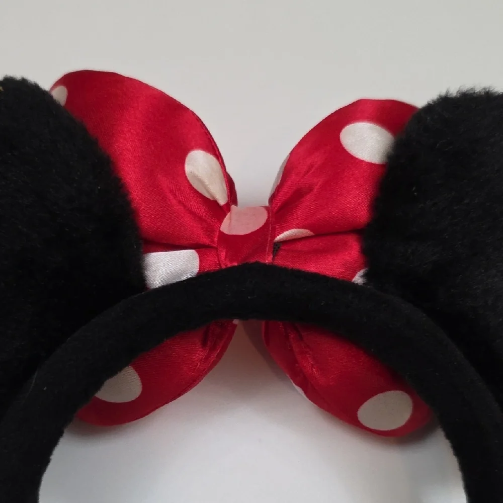 Disney Parks Minnie Mouse Ears - Fuzzy Black With Puffy Red Satin Bow Headband